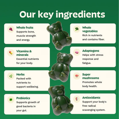 Gruns Adult Super Greens Multivitamin Gummies, Superfood Gummy Vitamins for Women and Men with Spirulina, Chlorella, Adaptogens & Prebiotic Fiber for Digestive Health (28 Count) Grüns buy supplements Au