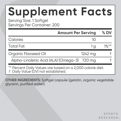 Sports Research Organic Flaxseed Oil Softgels 1242mg - Plant Based Omega 3 Supplement with 720mg ALA for Women & Men - Non-GMO, Soy & Gluten Free (200 Count) Sports Research buy supplements Au
