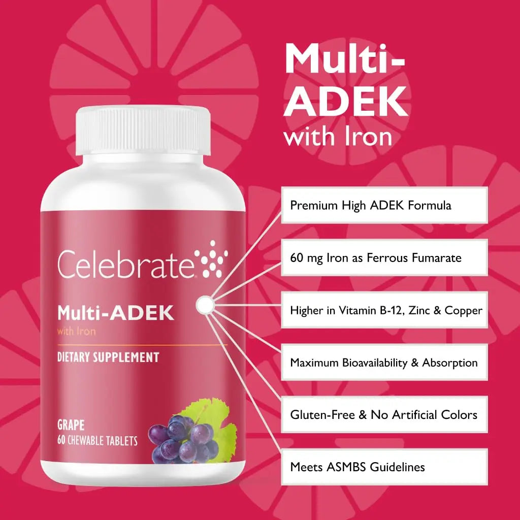 Celebrate Vitamins Multi ADEK Chewables, 60mg Iron - Daily Bariatric Multivitamin, Vitamins A, D, E, K & B12 for Duodenal Switch Surgery Patients Celebrate Bariatric Supplements