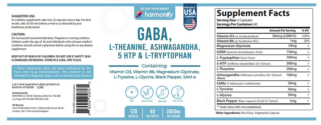 HARMONIFY GABA L-Theanine Supplements with Magnesium Glycinate, Ashwagandha, Same, 5-HTP and L-Tryptophan, 12 in 1 Supplements, 120 Capsules, 2000 mg HARMONIFYBuy Supplements Australia