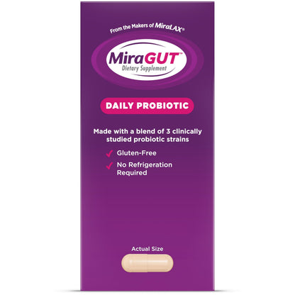 MiraGUT Daily Probiotic, from the Makers of MiraLAX, Probiotics for Digestive Health, Gluten-Free Supplement, Probiotic for Women and Men
