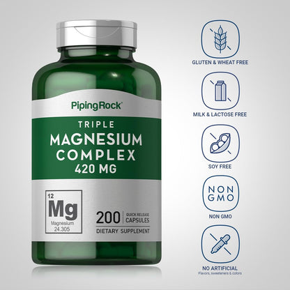 Piping Rock Triple Magnesium Complex | 420 mg | 200 Capsules | Magnesium Oxide, Citrate, and Aspartate Supplement | Non-GMO, Gluten Free Piping Rock buy supplements Au