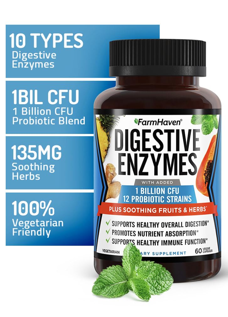 FarmHaven Digestive Enzymes with 18 Probiotics & Herbs | Papaya, Bromelain, Protease & More for Lactose Absorption & Better Digestion | Helps Bloating