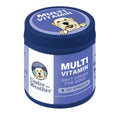 Multi-vitamin soft chews for dogs container with a blue lid and white body on a white background.