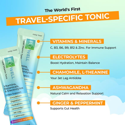 FlyWell Travel Vitamin Tonic for Flight, Jet Lag, Hydration, Circulation, Digestion & Immune Support, Promotes Calmness, Electrolyte Powder, Travel Essentials,