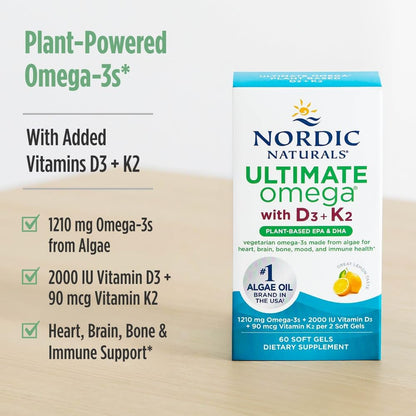 Nordic Naturals Ultimate Omega Plant Based Vitamin with Vitamin D3+K2-60 Vegetarian Soft Gels - 1210 mg Omega-3s Plus 2000 IU D3 and 90 mcg K2 - Promotes Brain Health - Non GMO - 30 Servings Nordic NaturalsBuy Supplements Australia