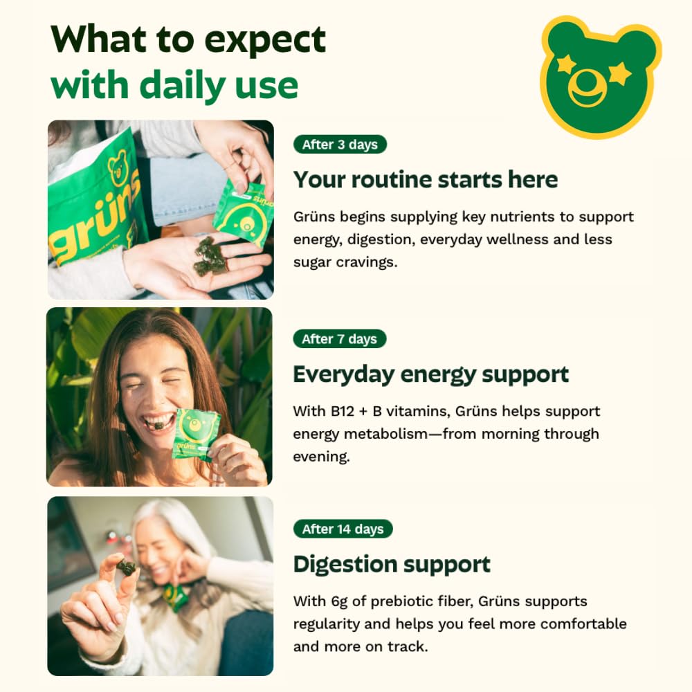 Gruns Adult Super Greens Multivitamin Gummies, Superfood Gummy Vitamins for Women and Men with Spirulina, Chlorella, Adaptogens & Prebiotic Fiber for Digestive Health (28 Count) Grüns buy supplements Au