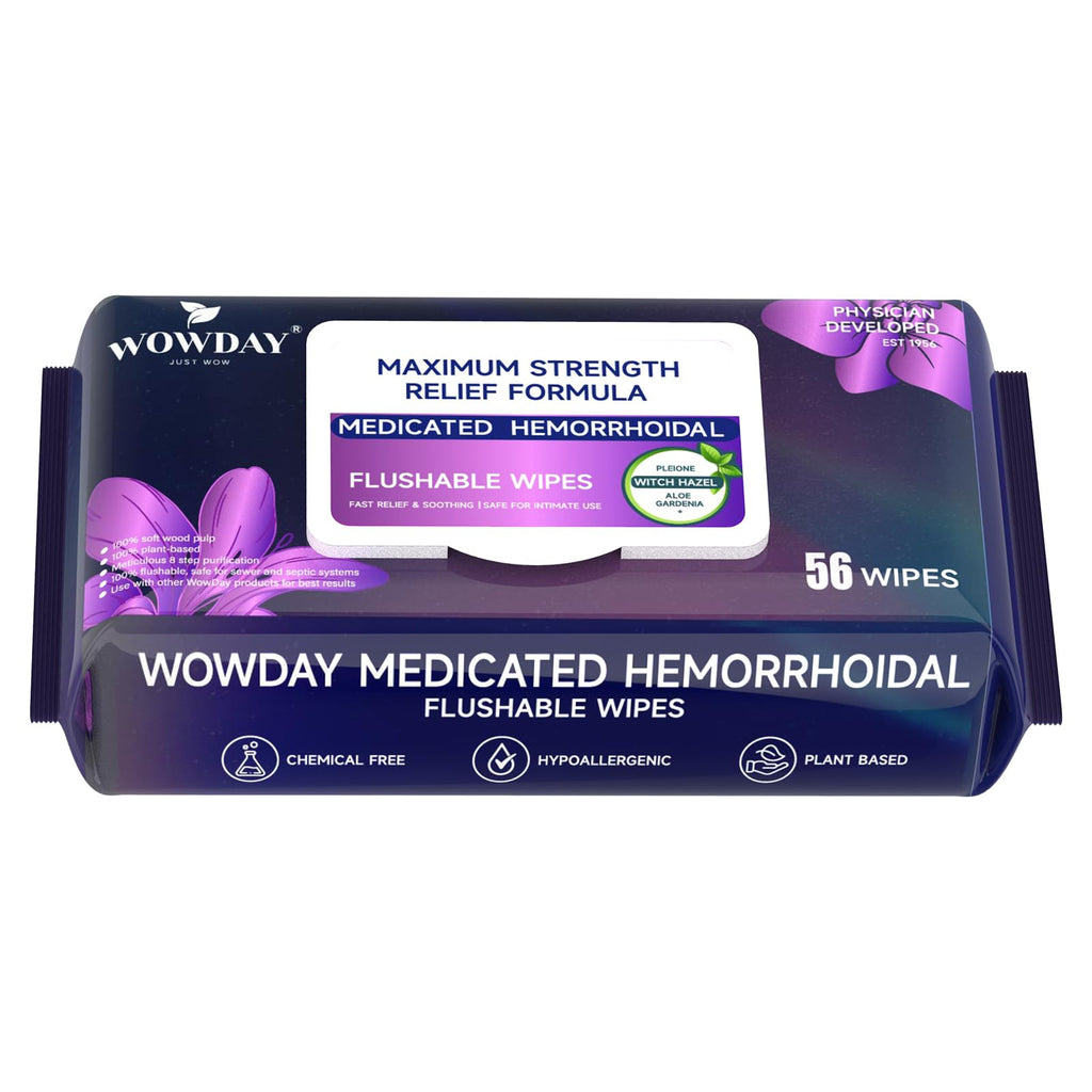 Wowday Flushable Hemorrhoid Wipes | Maximum Strength Witch Hazel Wipes | 56 Count Fragrance Free Adult Hemorrhoids Medicated Witch Hazels Wipe for Butt Hemorrhoidal Itch WowDayBuy Supplements Australia