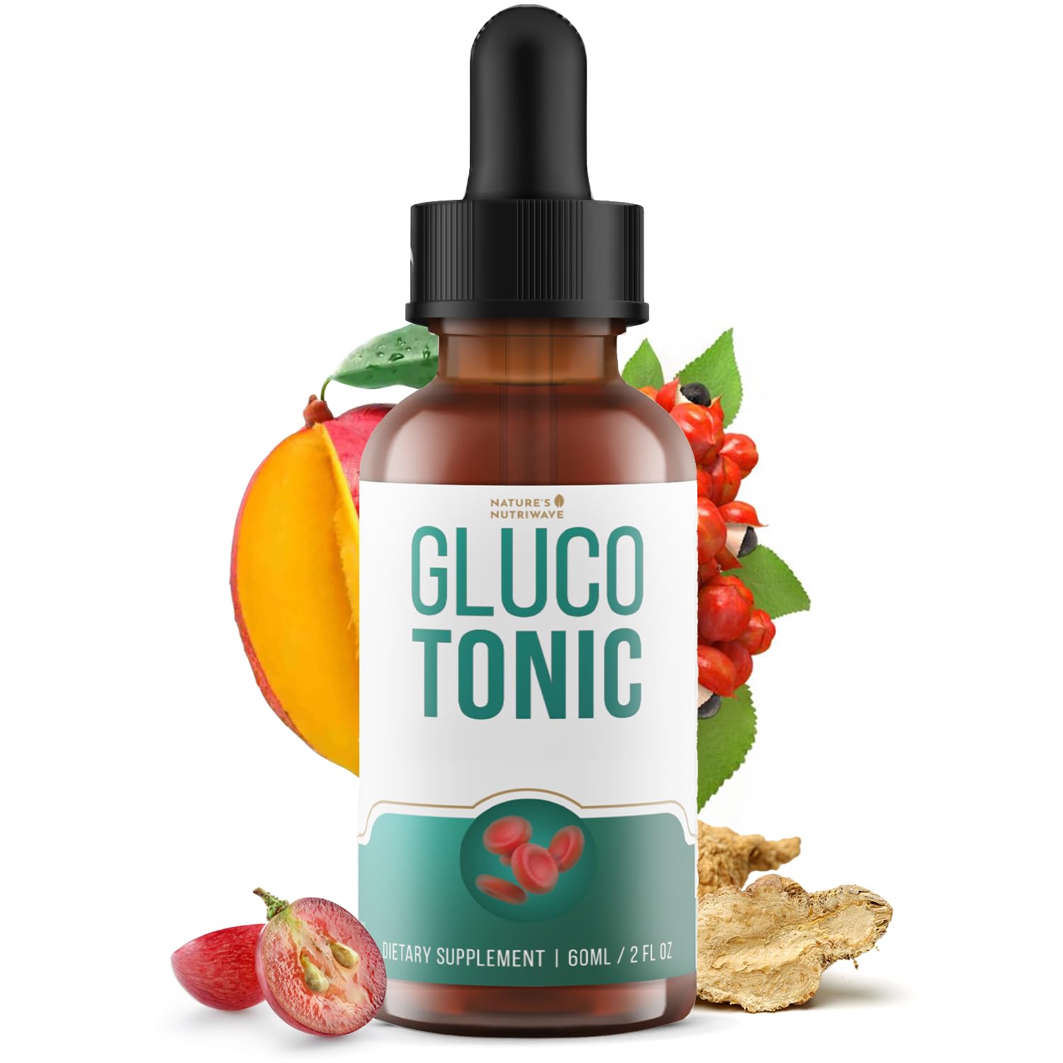 Bottle of Gluco Tonic with natural ingredients on a white background