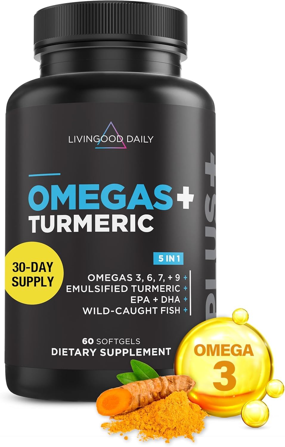 Livingood Daily Omega 3 6 9 Plus Turmeric Curcumin Supplement, 60 Softgels - Fish Oil Omega 3 Supplements (EPA & DHA) for Men and Women - Brain, Joint, Heart Health, and Metabolism - Made in USA Livingood DailyBuy Supplements Australia