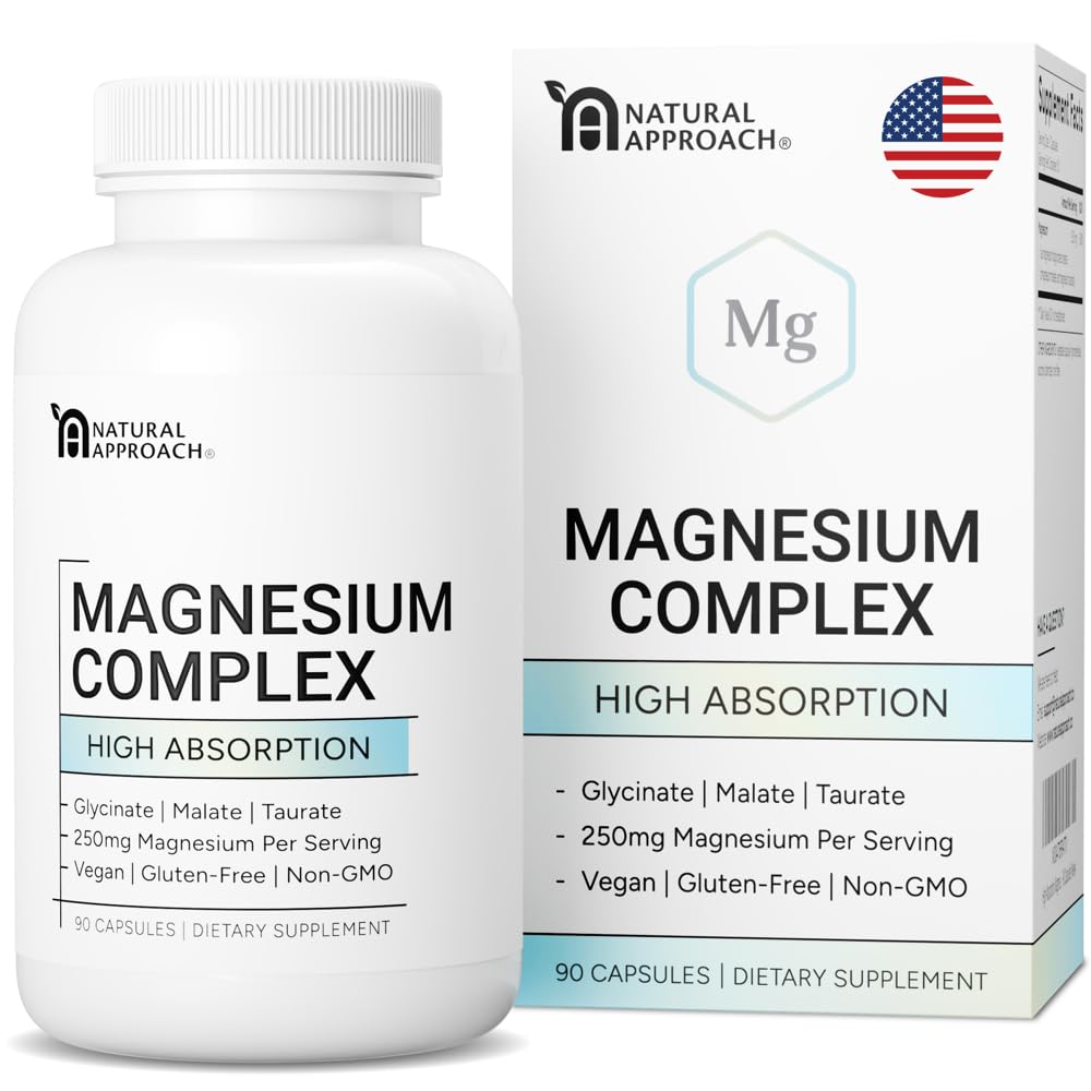 Supplement bottle and packaging of Magnesium Complex with 'Natural Approach' branding.