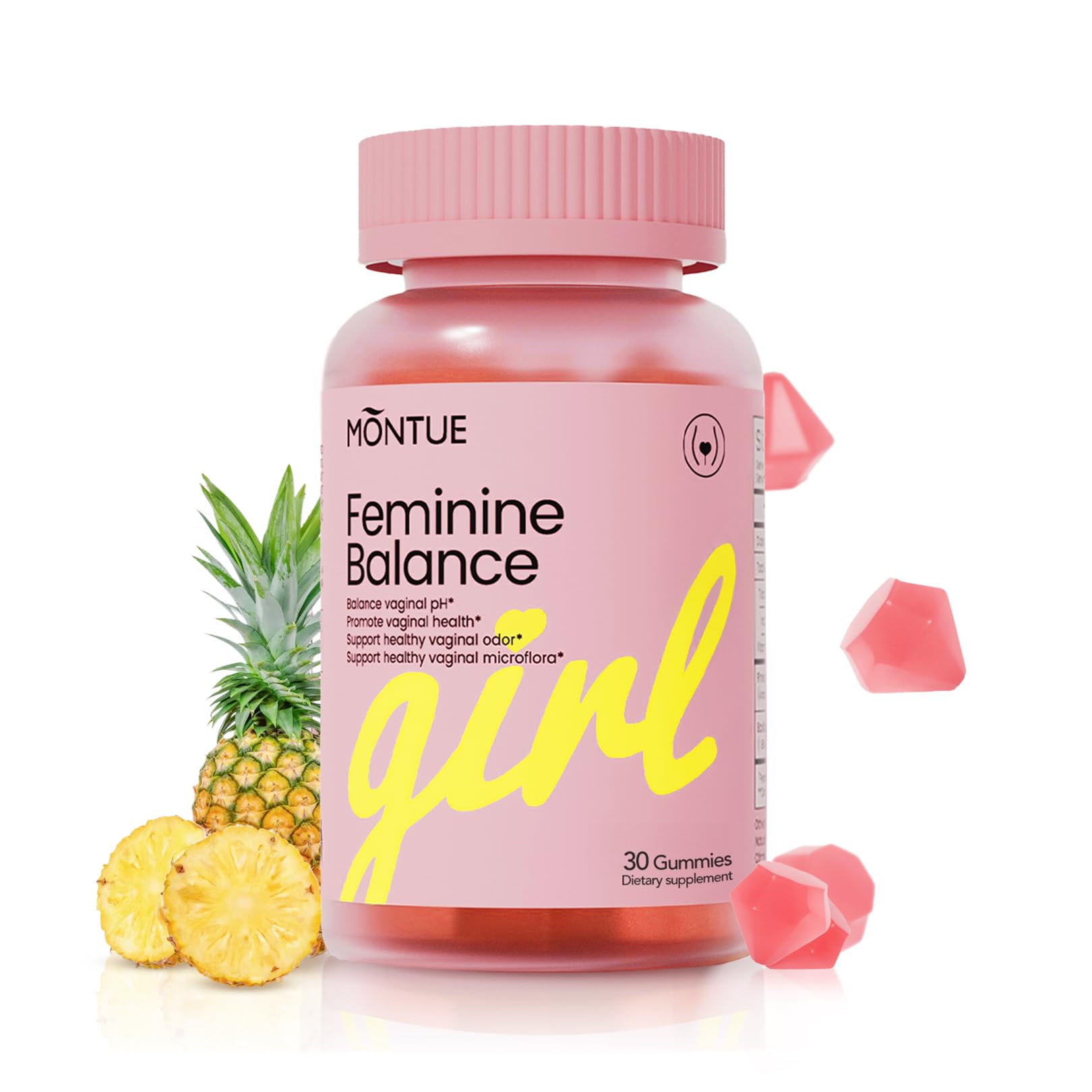 Pink bottle of Montue Feminine Balance gummies with pineapple and pink candies on a white background
