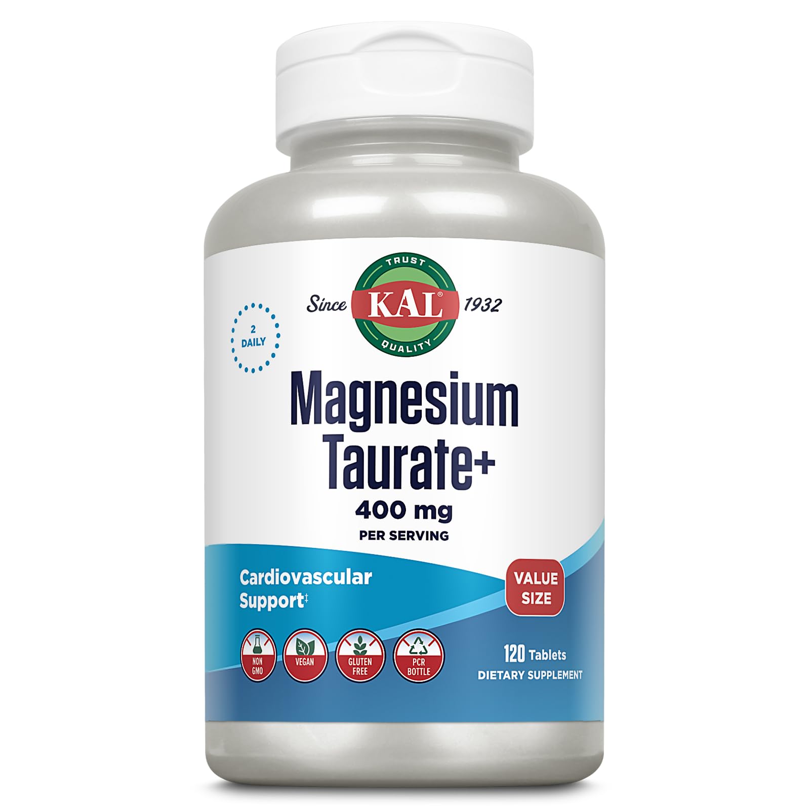 KAL Magnesium Taurate 400mg Plus Vitamin B6, Chelated Magnesium Supplement, High Absorption Magnesium Complex, Muscle and Heart Health Support, Vegan, Gluten Free,