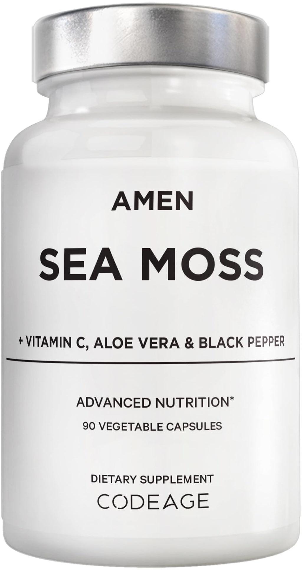 Supplement bottle labeled 'Amen Sea Moss' with vitamins on a white background
