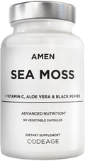 Supplement bottle labeled 'Amen Sea Moss' with vitamins on a white background