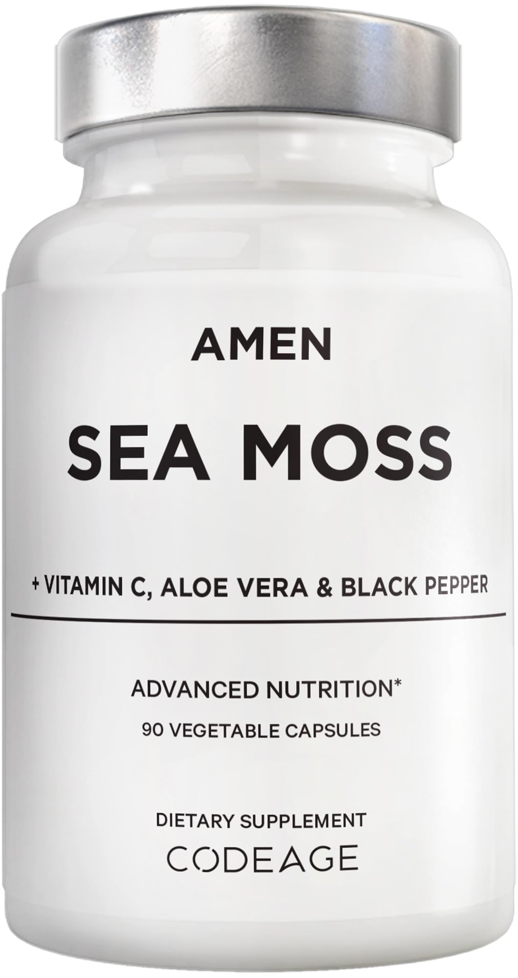 Supplement bottle labeled 'Amen Sea Moss' with vitamins on a white background