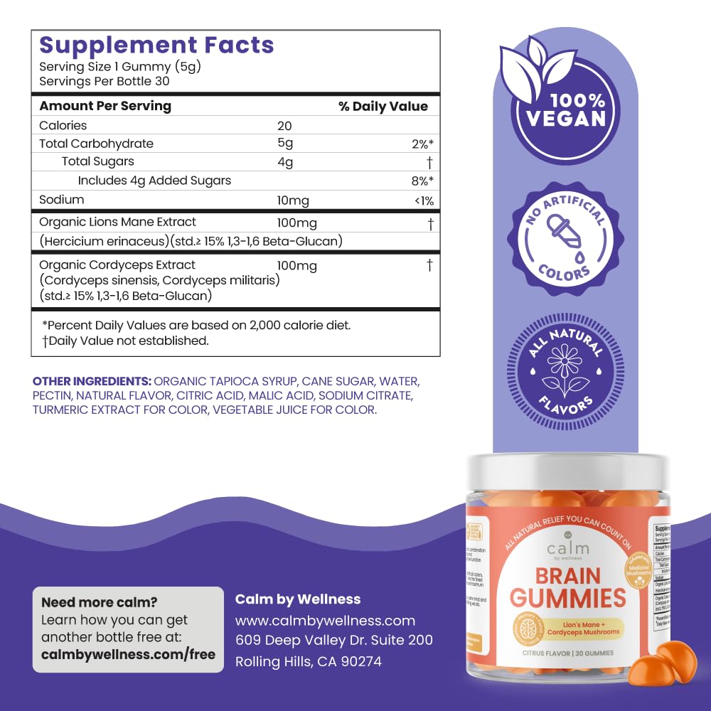 Calm by Wellness Lion’s Mane Gummies for Adults – Vegan Mushroom Gummies with Lion’s Mane & Cordyceps for Brain Support, Memory & Focus, Immune Boost – Citrus Flavor, 30 Count Calm by Wellness buy supplements Au