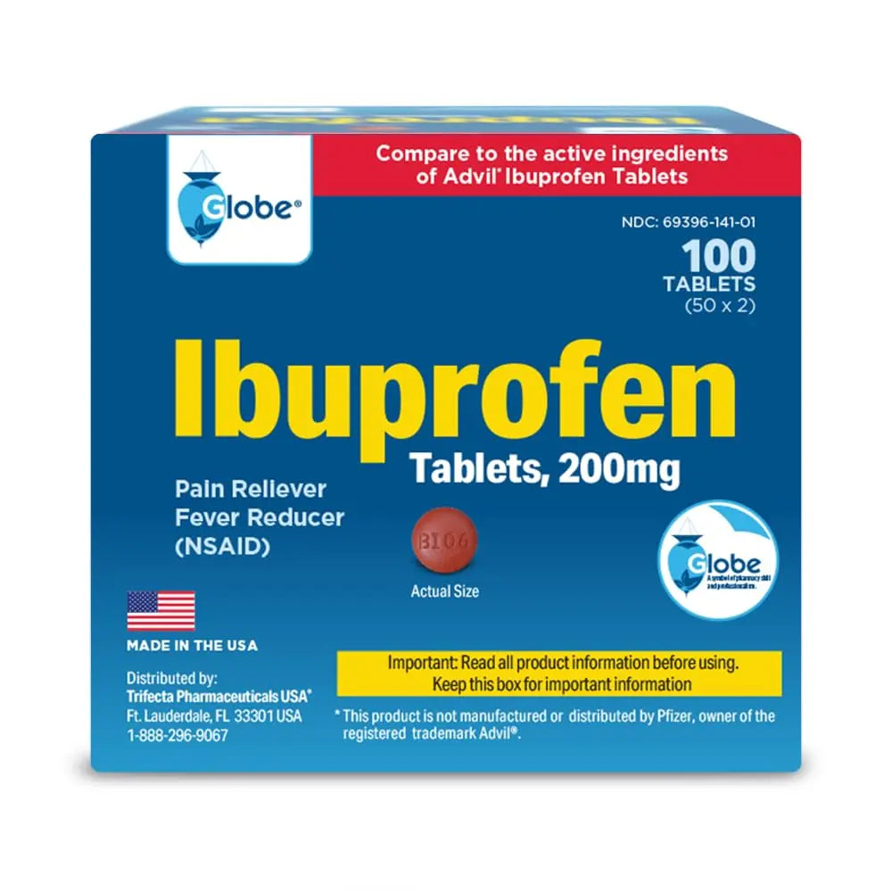 Globe Ibuprofen Tablets, 200 mg, Pain Reliever and Fever Reducer, for Headache, Muscular Aches, Arthritis, Backache and More 50 Packets of 2 Tablets Each,100 Tablets Trifecta Pharmaceuticals USABuy Supplements Australia