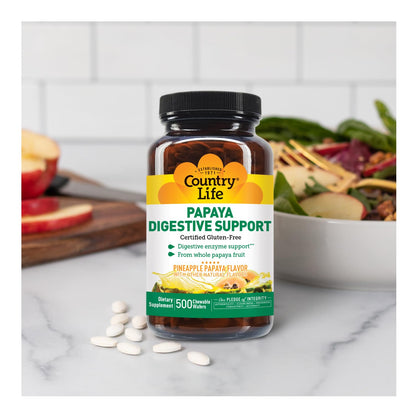 Country Life Chewable Papaya Enzymes for Digestion Support - Natural Pineapple & Papaya Flavor, Assists with Nutrient Absorption