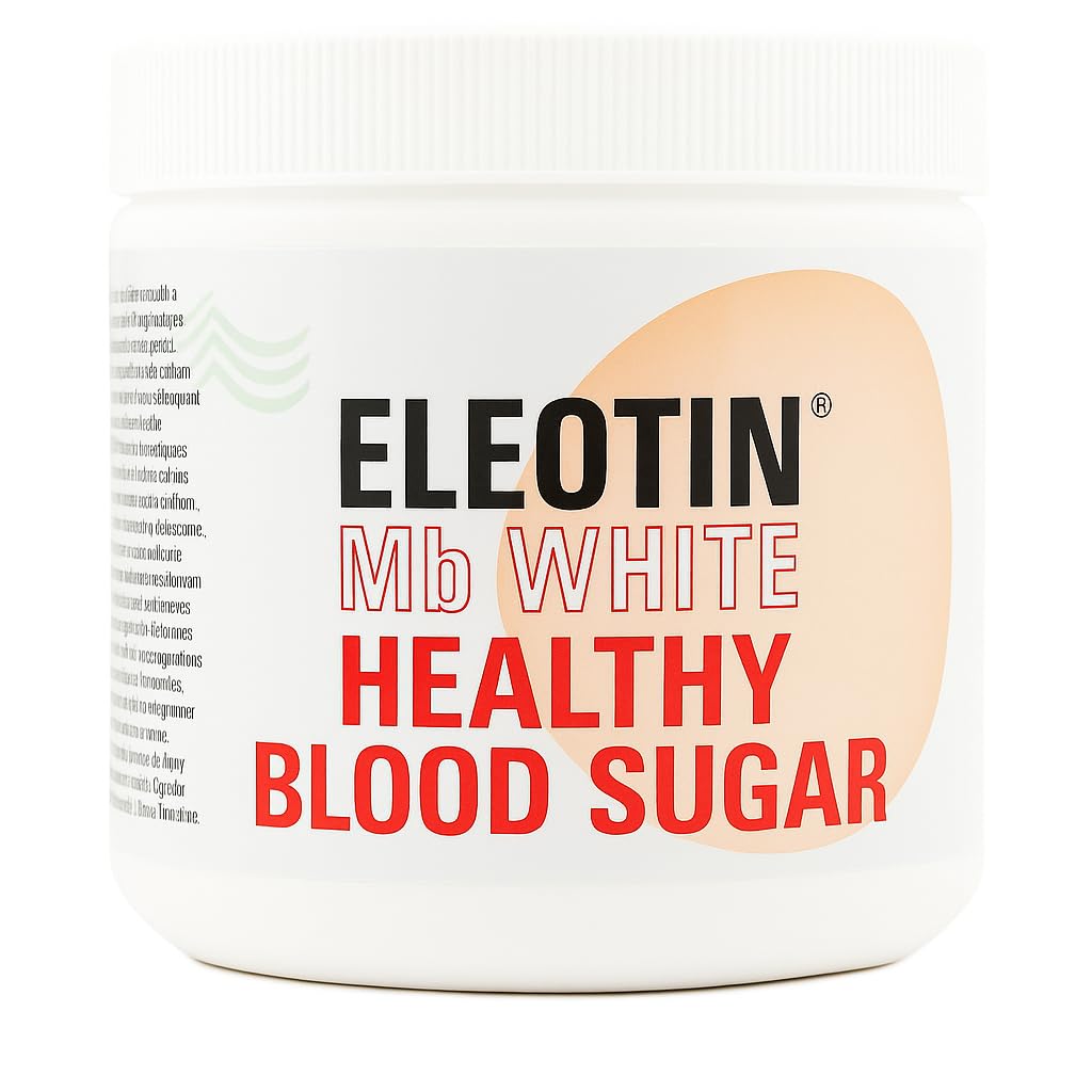 Container labeled 'ELEOTIN Mb White Healthy Blood Sugar' on a white background