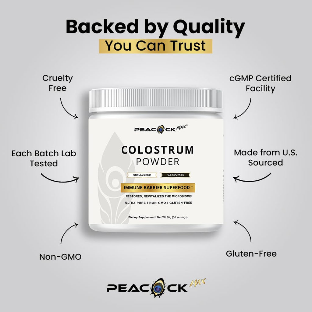 Peacock Max Colostrum Powder – 60g (30 Servings), Unflavored Bovine Colostrum Supplement, Superfood for Hair, Skin & Gut Health, Gluten-Free, Non-GMO Peacock MaxBuy Supplements Australia