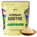 Packaging of 'Stomach Soothe' digestive relief supplement with a bowl of powder on a white background