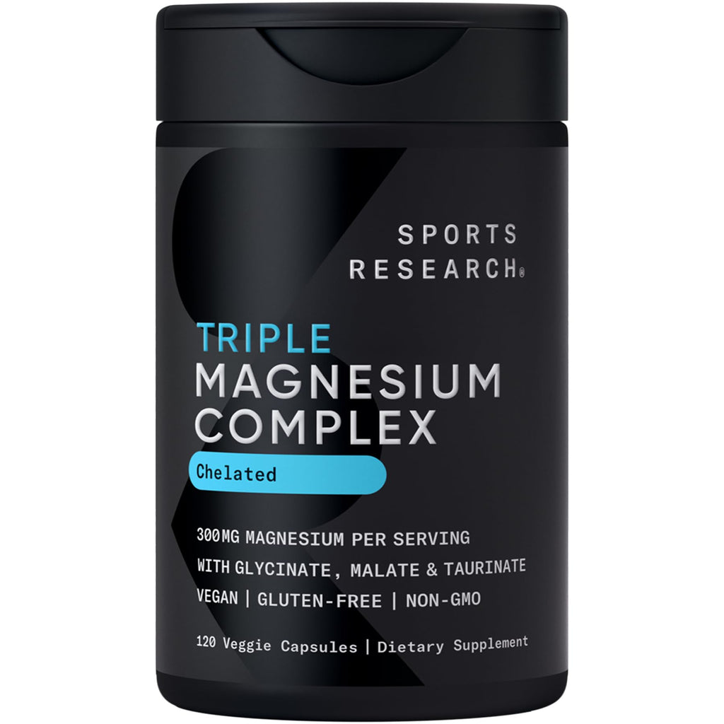 Black supplement container labeled 'Triple Magnesium Complex' by Sports Research on a white background.