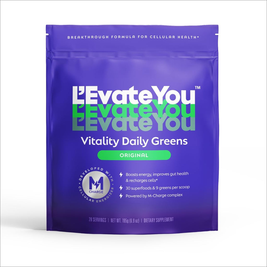 Purple package of L'Evate You Vitality Daily Greens on a white background