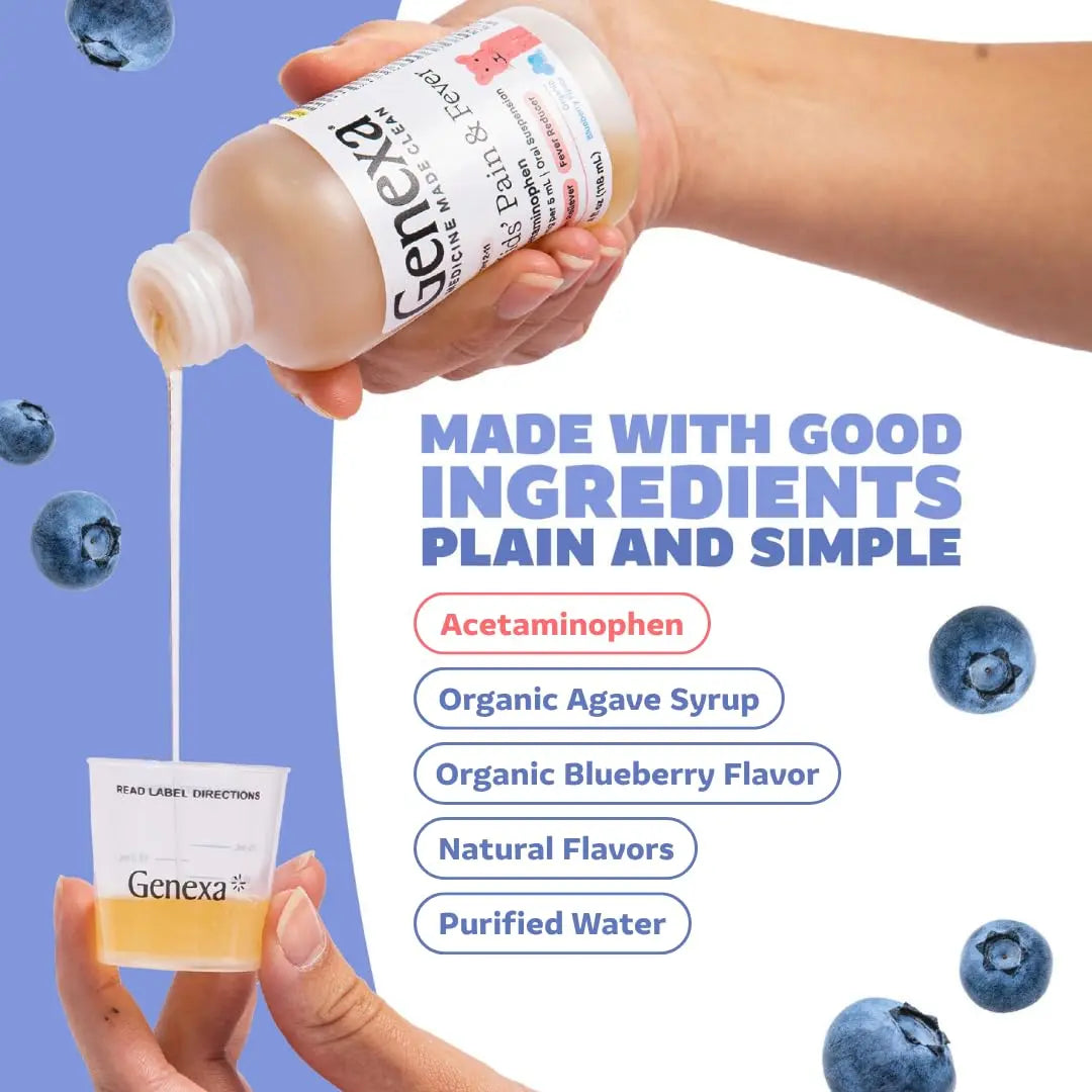 Genexa Children's Clean Acetaminophen | Pediatrician Preferred Ingredients | Pain & Fever Reducer for Kids | Dye Free, 0% Artificial Additives | Ages 2-11, Delicious Organic Blueberry Liquid, 4 fl oz GenexaBuy Supplements Australia
