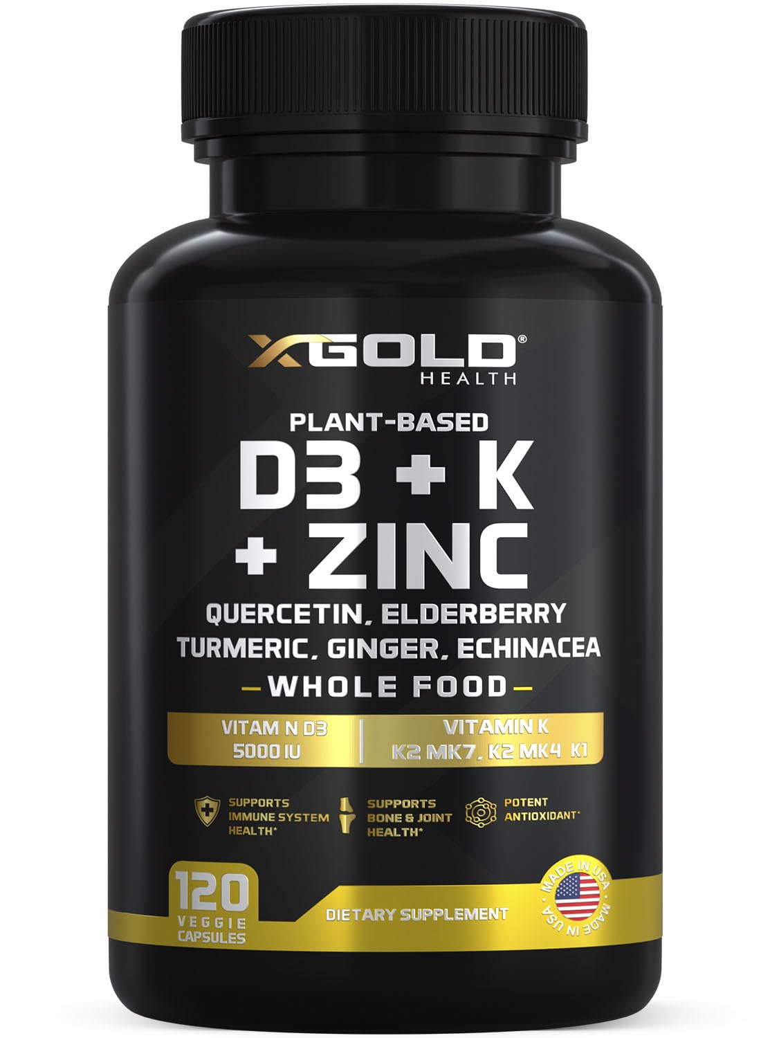 Supplement bottle labeled 'X-Gold Health' with vitamins D3, K, and Zinc on a white background.