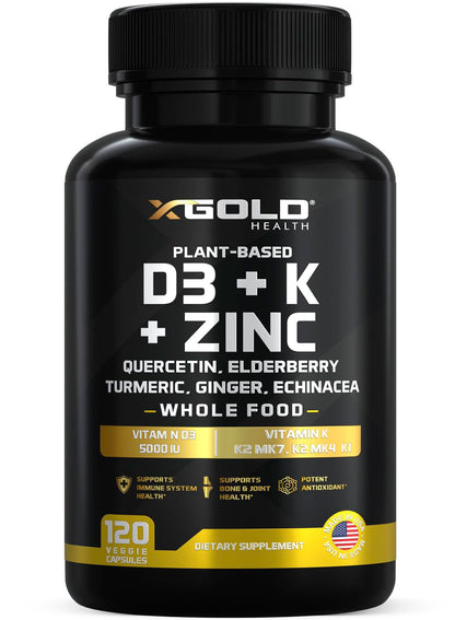 Supplement bottle labeled 'X-Gold Health' with vitamins D3, K, and Zinc on a white background.