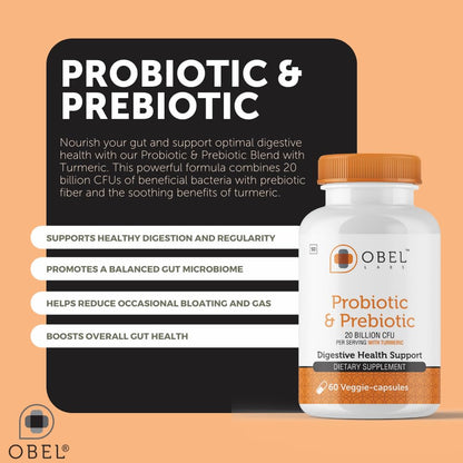 obel Probiotic & Prebiotic Supplement with Turmeric | 20 Billion CFU | 60 Capsules (30 Day Supply) | 4 Strains | Supports Digestion