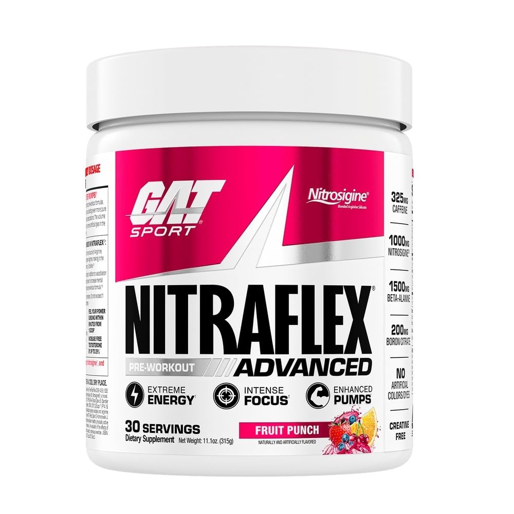 GAT SPORT Nitraflex Advanced Pre-Workout Powder, Increases Blood Flow, Boosts Strength and Energy, Improves Exercise Performance, Men & Women (Fruit Punch, 30 Servings)