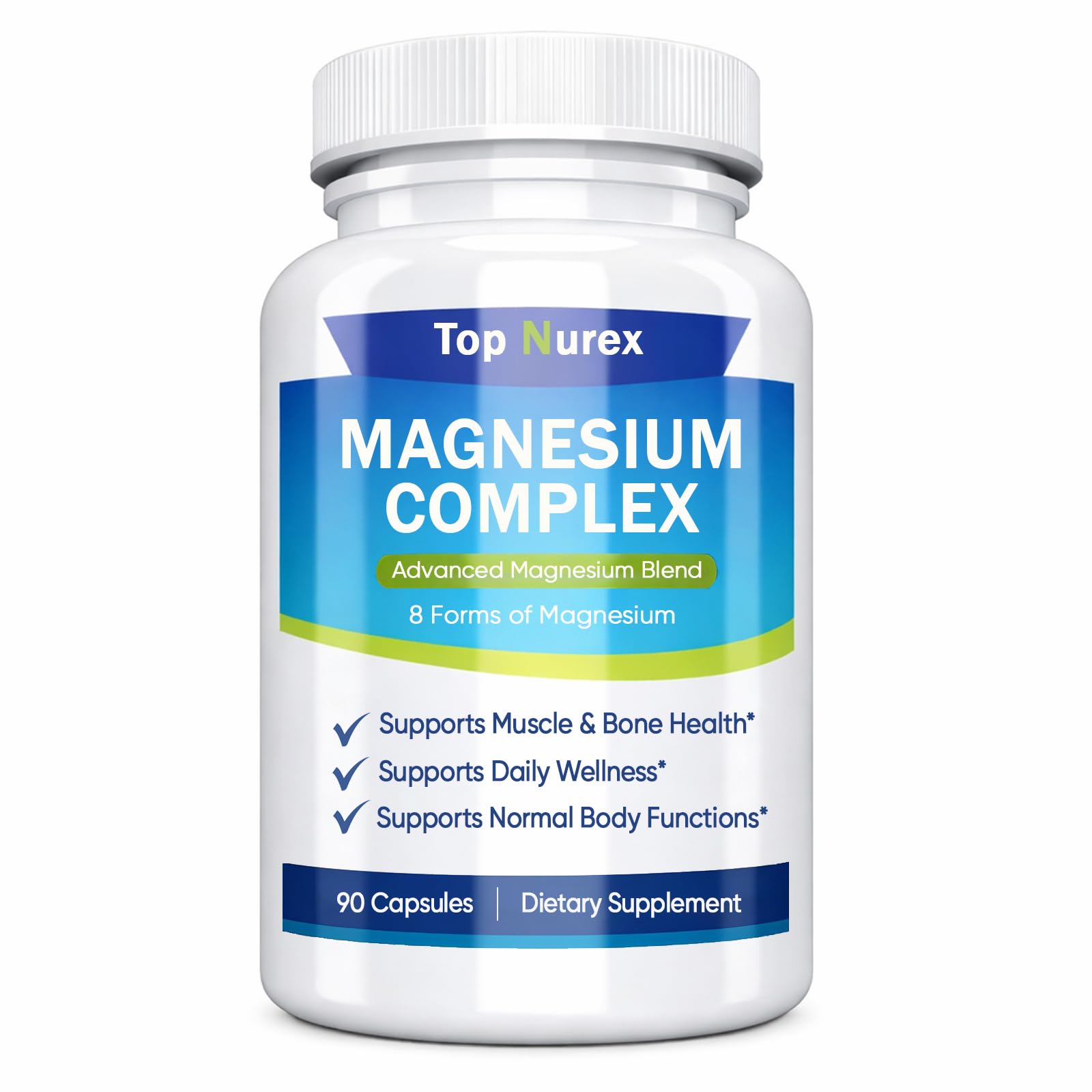 Supplement bottle labeled 'Top Nurex Magnesium Complex' on a white background