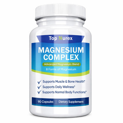 Supplement bottle labeled 'Top Nurex Magnesium Complex' on a white background