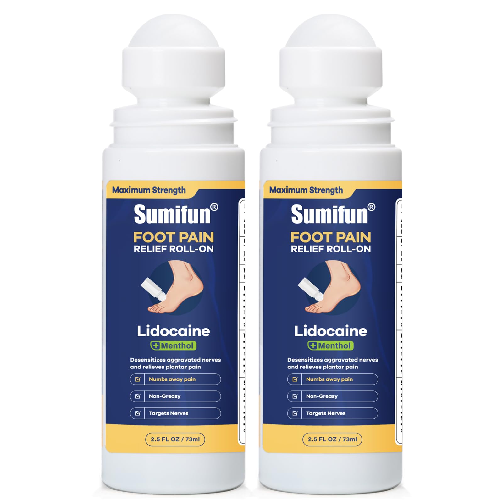 Sumifun Foot Pain Relief Lidocaine Roll-On - Maximum Strength OTC for Plantar Fasciitis & Heel Pain - Fast-Drying, Non-Greasy Formula, 2.5 Fl Oz * 2 SumifunBuy Supplements Australia