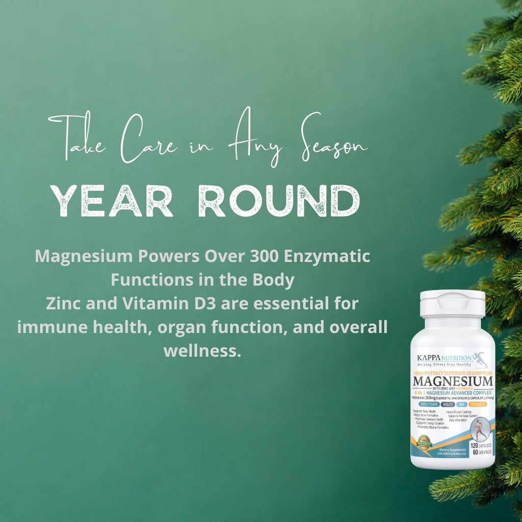 Kappa Nutrition Magnesium 4-in-1, 280mg Elemental Magnesium (Bisglycinate, Malate) + Zinc & Vitamin D3, Brain, Sleep, Energy, Muscle, Immune Support, 120 Vegan Capsules. KAPPA NUTRITION buy supplements Au