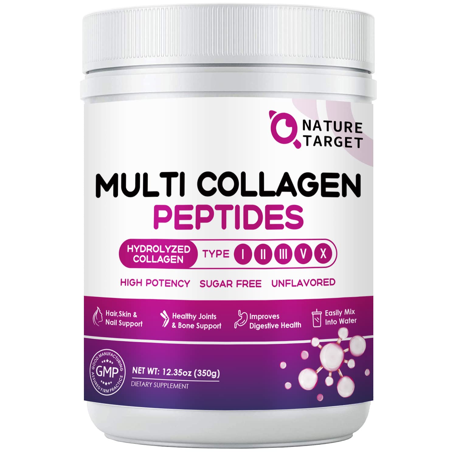 NATURE TARGET Multi Collagen Peptides Powder - Type I, II, III, V, X - Hydrolyzed Collagen Peptides with Vitamin C Hyaluronic Acid, Supports Skin Hair Nail & Joint