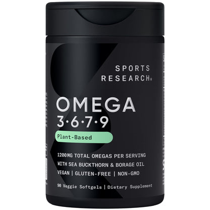 Sports Research® Vegan Omega 3-6-7-9 - 1200 mg of Multi-Spectrum Omega Fatty Acids Certified Non-GMO Formula with Sea Buckthorn & Borage Oil - 90 Veggie Softgels Sports Research buy supplements Au