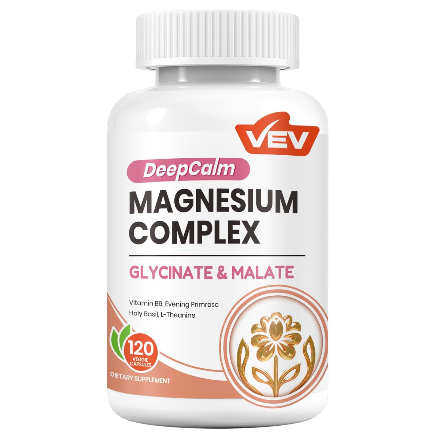 Supplement bottle labeled 'DeepCalm Magnesium Complex' with VEV logo on a white background