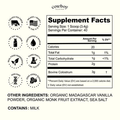 Cowboy - The Exclusive 1st Milking, Whole, Grass Fed Colostrum Supplement for Full Body Health - Bovine Colostrum Powder Packed w/Bioactive Nutrients - Sugar Free (Vanilla, 40 Servings) COWBOY COLOSTRUM buy supplements Au