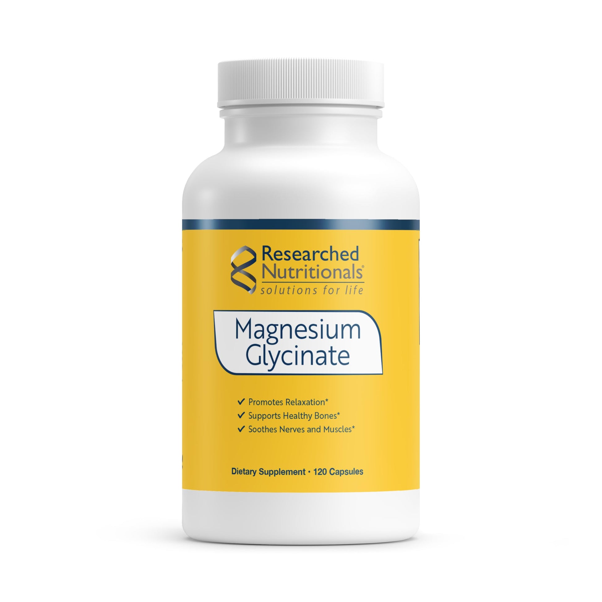 Supplement bottle labeled 'Magnesium Glycinate' by Researched Nutritionals on a white background