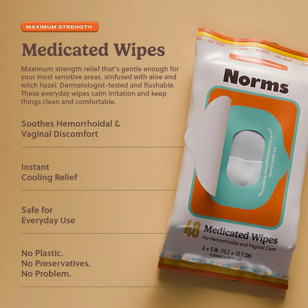 Norms Medicated Hemorrhoid Wipes with Witch Hazel and Aloe, Soothing Flushable Wipes for Itching, Burning & Swelling Relief, Hypoallergenic & Fragrance Free - 48ct (Pack of 3) NormsBuy Supplements Australia