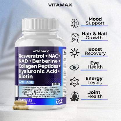 Resveratrol NAD+ Berberine Hyaluronic Acid - Biotin Grape & Blueberry + NAC - Collagen Peptides - Hair, Nail, Skin & Joint Supplement - 21-in-1 Women and Men