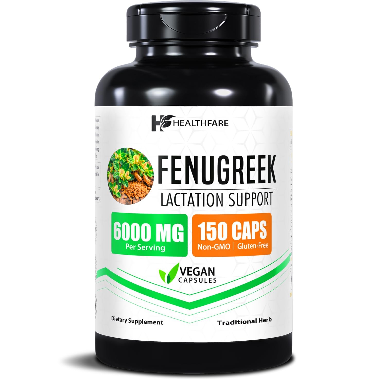 Supplement bottle labeled 'Fenugreek Lactation Support' by HealthCare on a white background