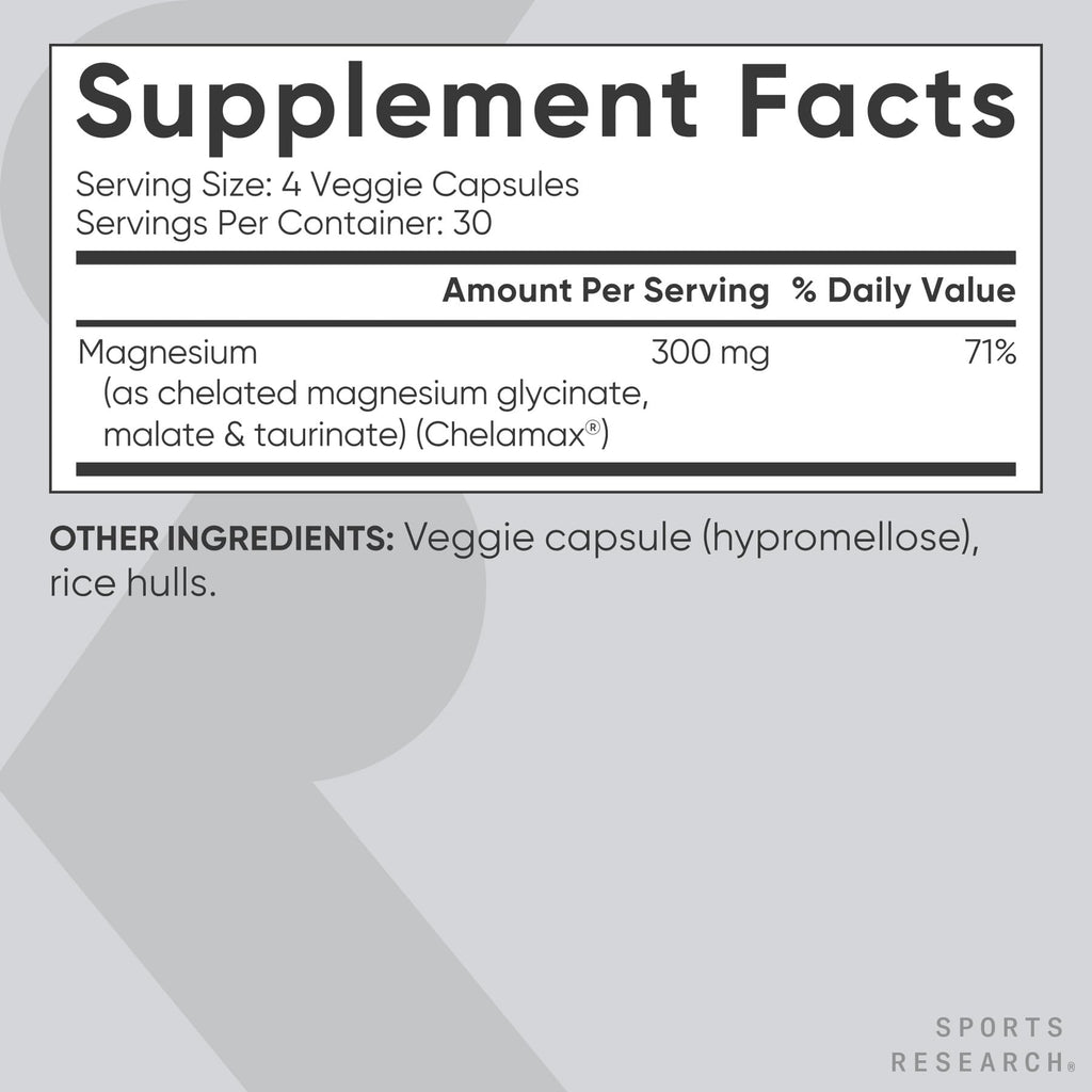 Sports Research® Chelated Triple Magnesium Complex with Glycinate, Taurinate & Malate (Chelamax®) for Enhanced Bioavailability* - 300 mg per Serving, Non-GMO, Certified Vegan, 120 Veggie Capsules Sports Research buy supplements Au