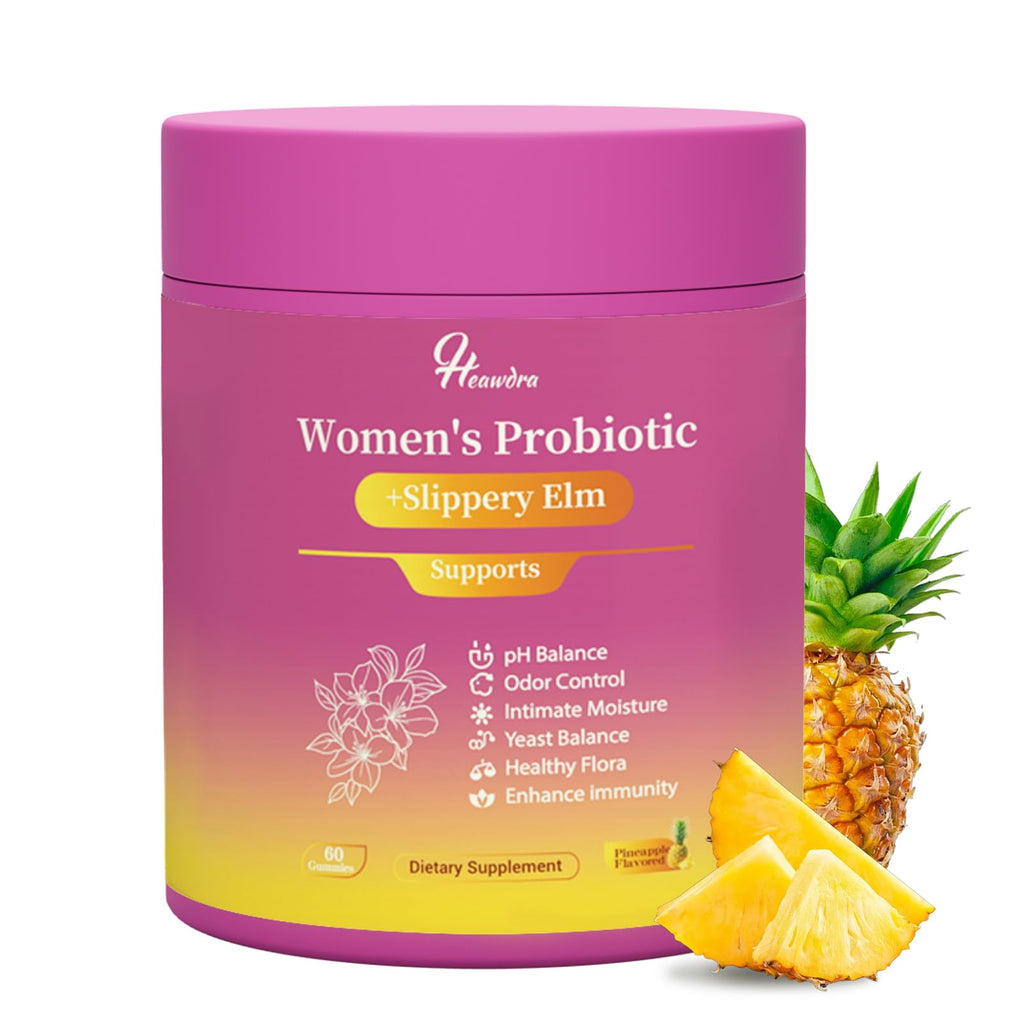 Pink container of Women's Probiotic with pineapple slices on a white background