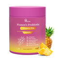 Pink container of Women's Probiotic with pineapple slices on a white background