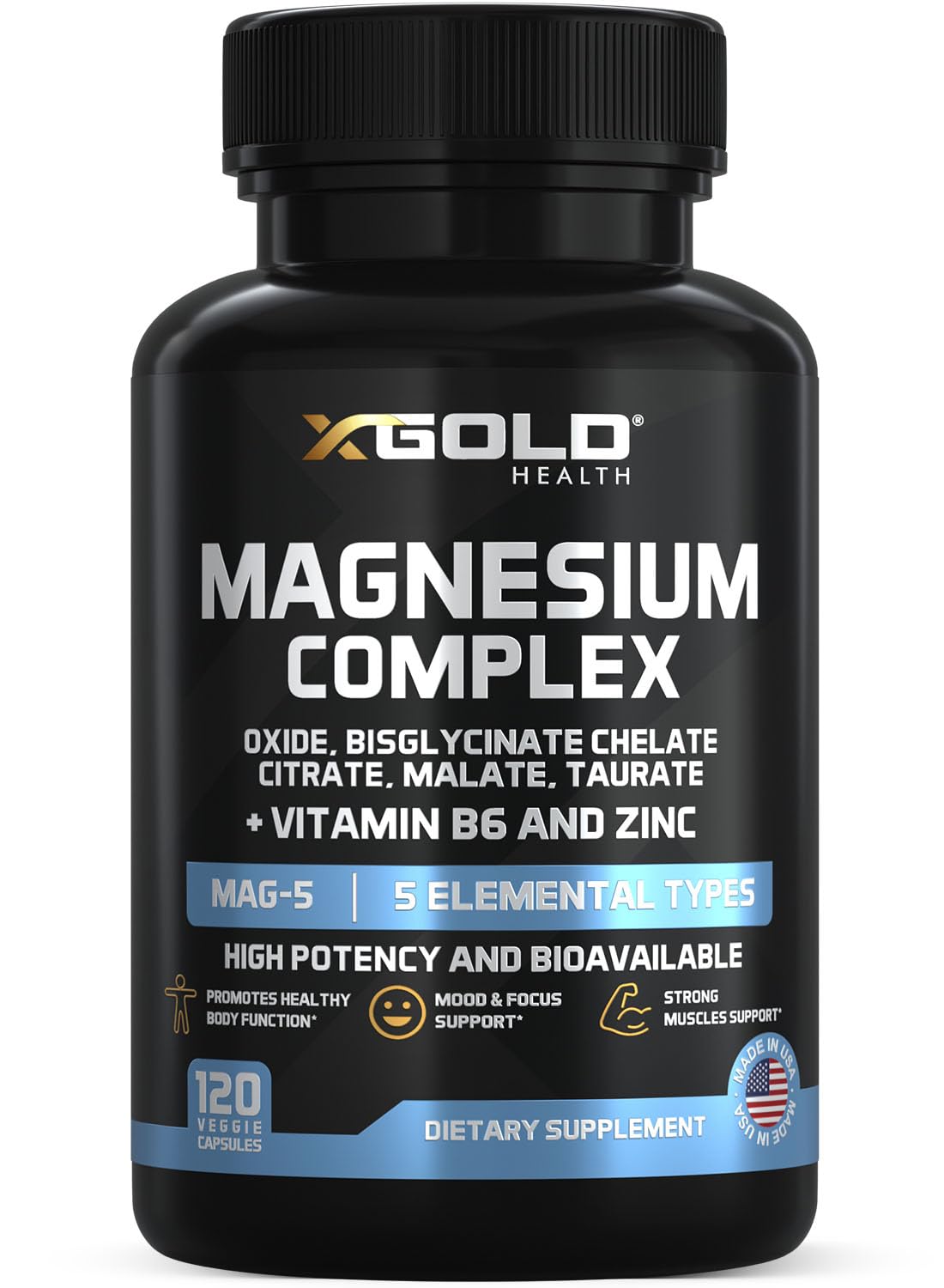 Supplement bottle labeled 'XGold Health Magnesium Complex' on a white background