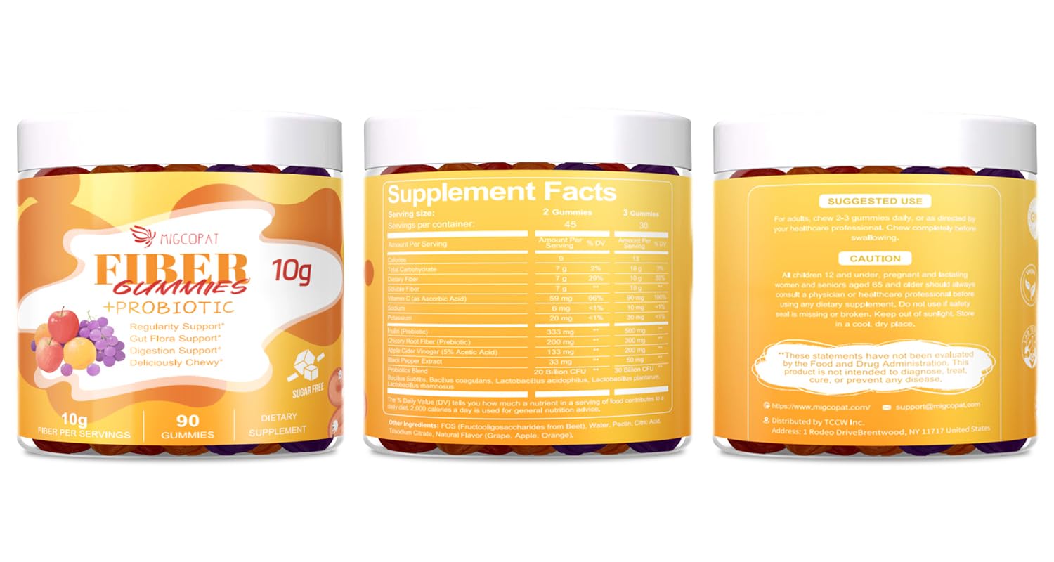 Migcopat 10G Fiber Gummies with Probiotics, Fiber Supplement with 30 Billion CFU Probiotics Blend, ACV, Vitamin C, Inulin - Support Digestive Health